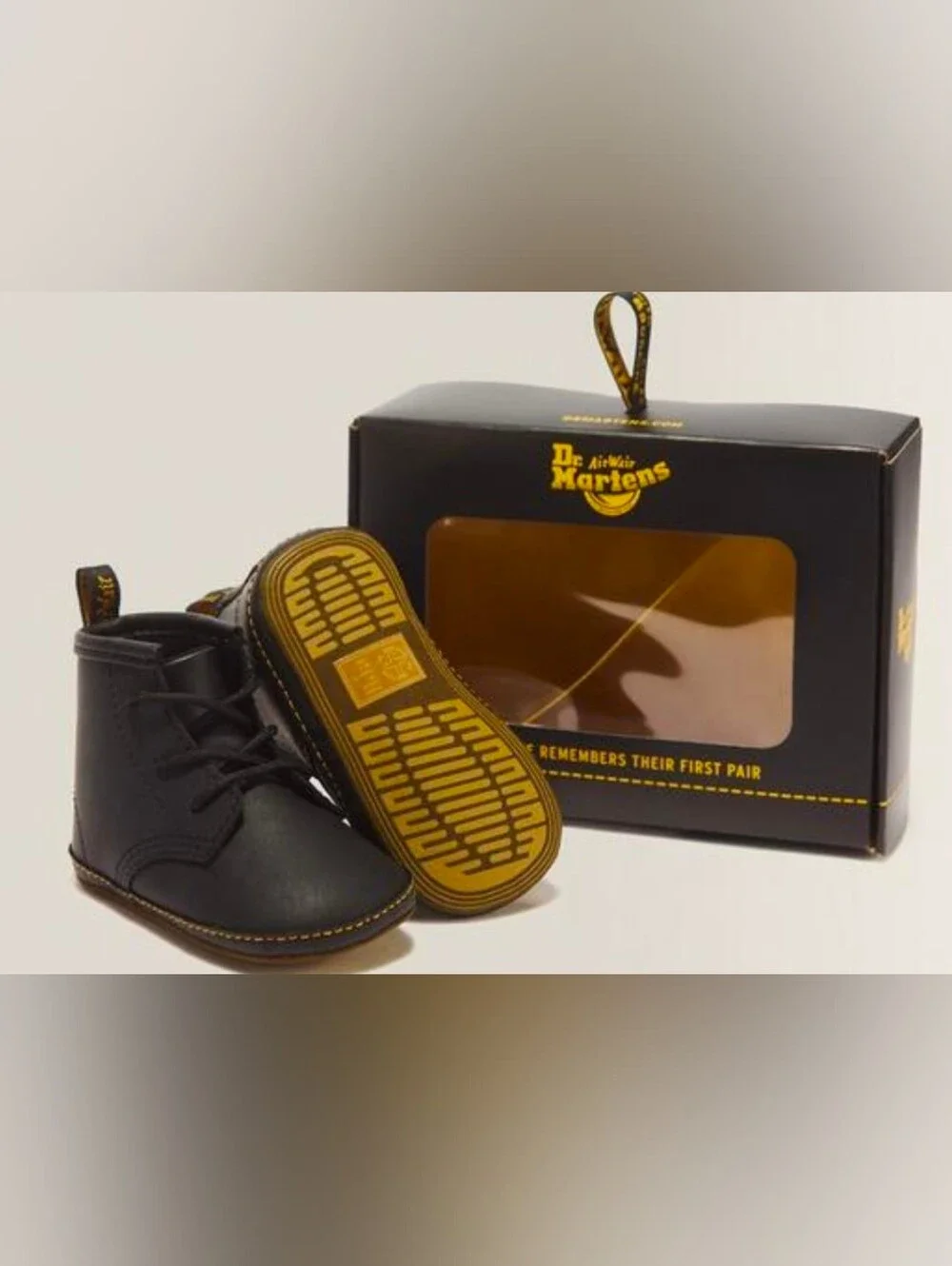 Dr. Martens Black Leather Baby/Toddler Lace-Up Boots with Yellow Sole Accents